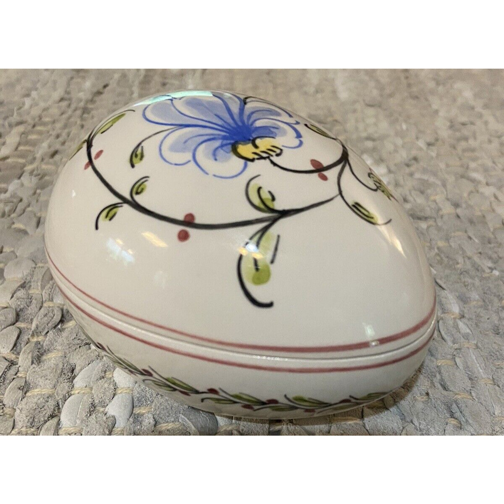 Vintage Anfora Agueda Hand Painted Pottery Portugal Egg Trinket Box Numbered